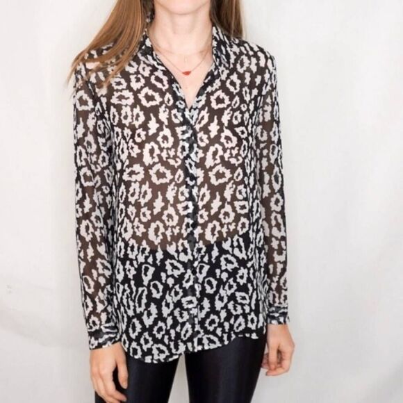 The Kooples Animal Print Leopard Semi-Sheer Chiffon Button Down Blouse Sz 0 - Picture 2 of 10